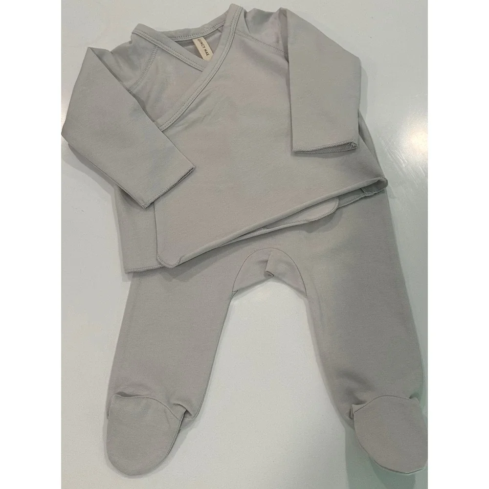 Quincy Mae Organic Cotton Wrap Top and Footed Pant Set Oat Gray 0-3M NWT